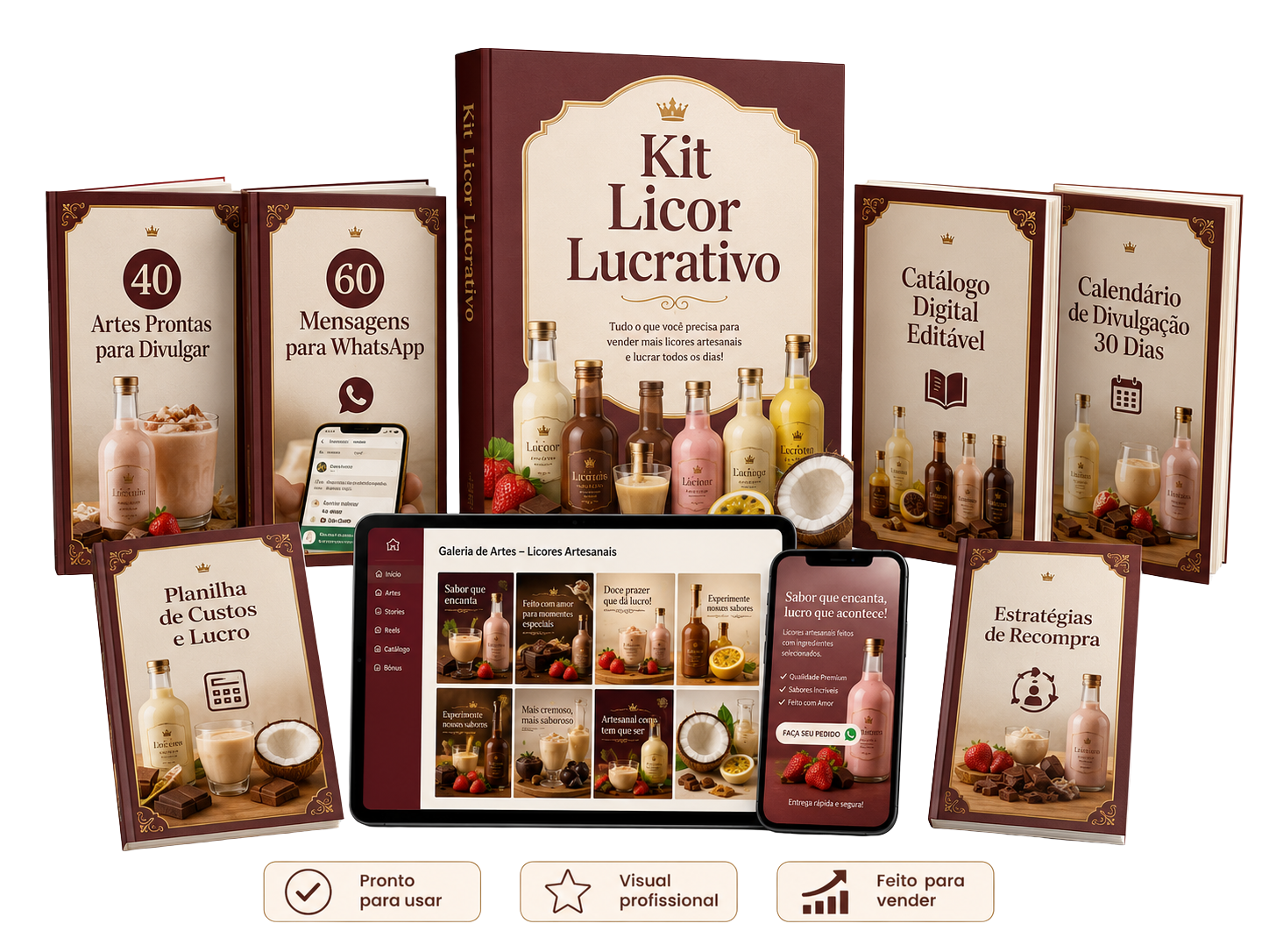 Mockup do Kit Licor Lucrativo com materiais de divulgação e vendas